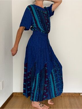 Vintage Carole Little Blue Teal and Purple Striped Maxi Dress